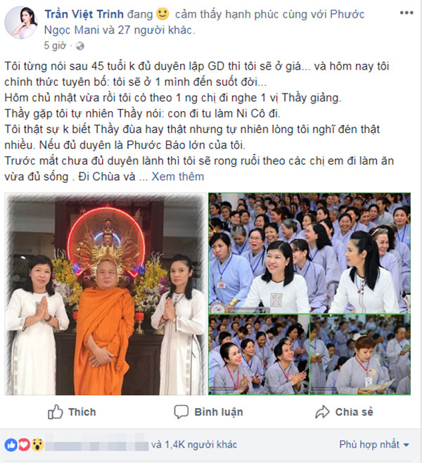 Việt Trinh tuyên bố: "Tôi sẽ ở một mình đến suốt đời". Việt Trinh tuyên bố: Tôi sẽ ở một mình đến suốt đời.