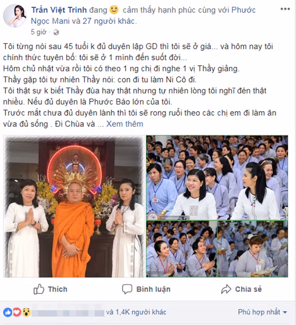 Việt Trinh tuyên bố: Tôi sẽ ở một mình đến suốt đời.