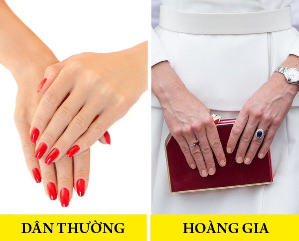 Không dùng sơn móng tay đậm màu Sơn móng tay màu nude gần như là luật bất thành văn với phụ nữ hoàng gia. Nữ hoàng Elizabeth chỉ sử dụng màu sơn móng nude mang tên "Ballet Slippers"của thương hiệuEssie trong nhiều năm. Không dùng sơn móng tay đậm màu