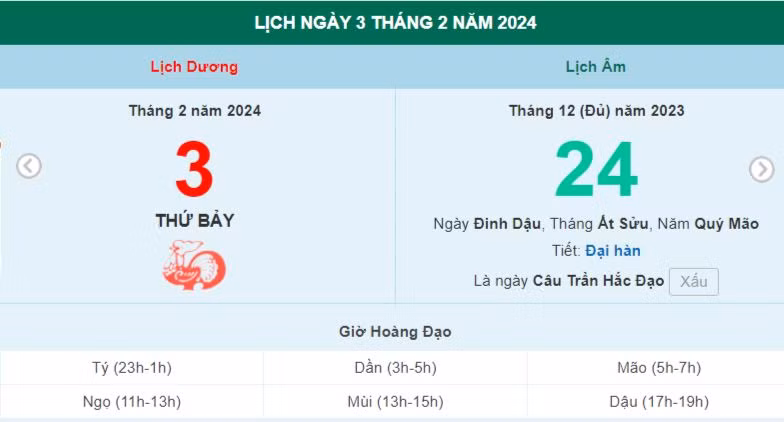 Lịch âm hôm nay - Xem lịch âm ngày 3/2