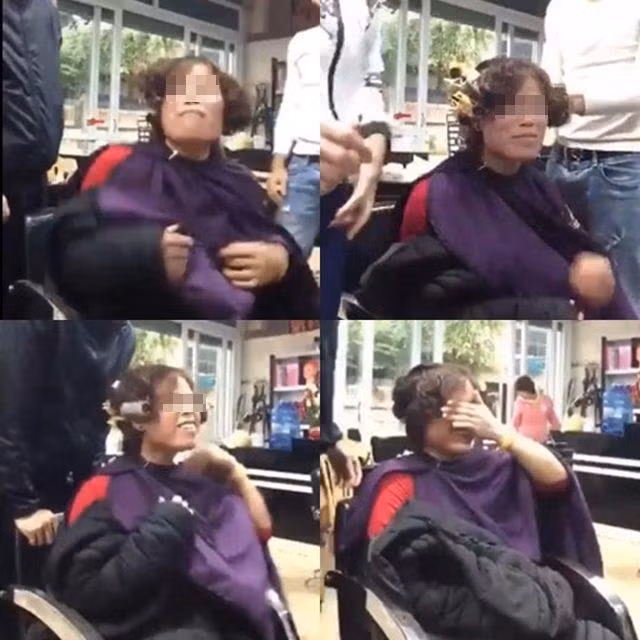 Cô gái ôm mặt bật khóc khi nhìn thấy mái tóc xoăn của mình.