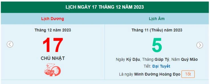 Lịch âm hôm nay - Xem lịch âm ngày 17/12