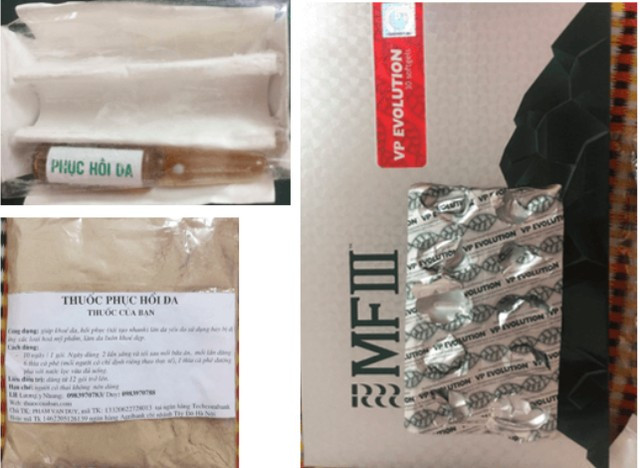 Đáng sợ mặt cô gái sùi như "vỏ mít" sau khi dùng thuốc trắng da ở phòng khám Hà Nội ảnh 2 Các sản phẩm được đóng gói thủ công, không rõ thành phần, xuất xứ mà bệnh nhân đã sử dụng trong hơn một năm qua. Ảnh: BVCC