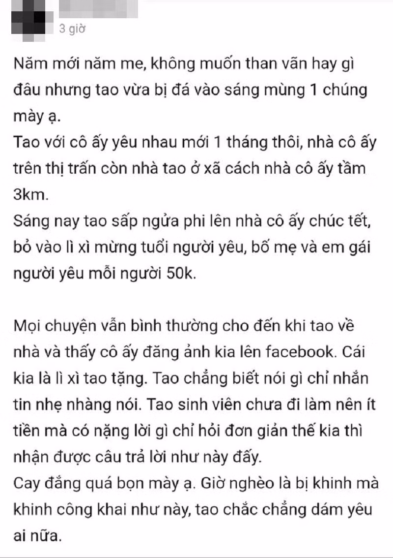  Tâm thư của chàng trai bị đá ngay sáng mùng 1 Tết chỉ vì lì xì 50.000 đồng.