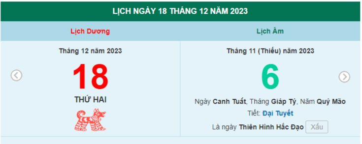 Lịch âm hôm nay - Xem lịch âm ngày 18/12