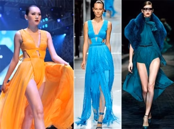 Bộ đầm vàng cam của Đỗ Mạnh Cường bị cư dân mạng cho là bản "sao chép" phần trên của Versace (giữa) và phần dưới của Gucci (phải).