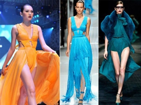 Bộ đầm vàng cam của Đỗ Mạnh Cường bị cư dân mạng cho là bản "sao chép" phần trên của Versace (giữa) và phần dưới của Gucci (phải). Bộ đầm vàng cam của Đỗ Mạnh Cường bị cư dân mạng cho là bản "sao chép" phần trên của Versace (giữa) và phần dưới của Gucci (phải).