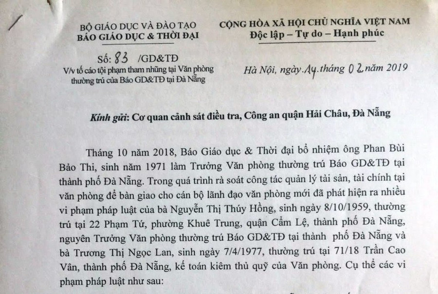Văn bản tố giác tội phạm của Báo Giáo dục và Thời đại. Văn bản tố giác tội phạm của Báo Giáo dục và Thời đại.