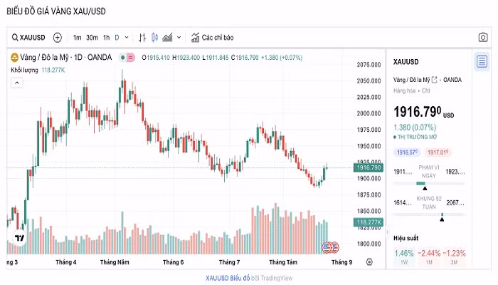 Biểu đồ biến động giá vàng trong 24 giờ qua.