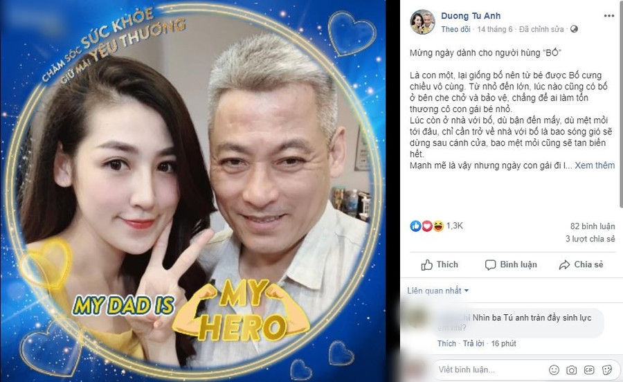 Á hậu Dương Tú Anh cũng kể về người cha luôn cưng chiều mình. Nàng Hậu tâm sự: "Mừng ngày dành cho người hùng là bố. Là con một, lại giống bố nên từ bé được bố cưng chiều vô cùng. Từ nhỏ đến lớn, lúc nào cũng có bố ở bên che chở và bảo vệ, chẳng để ai làm tổn thương cô con gái bé nhỏ. Lúc còn ở nhà với bố, dù bận đến mấy, dù mệt mỏi tới đâu, chỉ cần trở về nhà với bố là bao sóng gió sẽ dừng sau cánh cửa, bao mệt mỏi cũng sẽ tan biến hết. Mạnh mẽ là vậy nhưng ngày con gái đi lấy chồng bố đã khóc, nhìn bố mà lòng mình chùng lại, rưng rưng nghẹn ngào. Đi lấy chồng lại càng thấy thương bố, thương mẹ nhiều hơn. Mấy năm nay tóc bố bạc nhiều quá, trước ai cũng khen bố đẹp trai phong độ mà năm nay bố cũng yếu đi rồi. Chẳng có nhiều thời gian bên bố, cũng chẳng chăm lo cho bố được nhiều, về thăm bố chỉ dặn bố giữ sức khoẻ và uống sữa mỗi ngày. Father’s day sắp tới rồi, nên hôm nay đăng hình cùng bố, chúc bố luôn mạnh khoẻ và mãi là người hùng của con bố nhé". Thu Quỳnh ám ảnh ký ức suýt chết đuối vì ngã xuống ao
