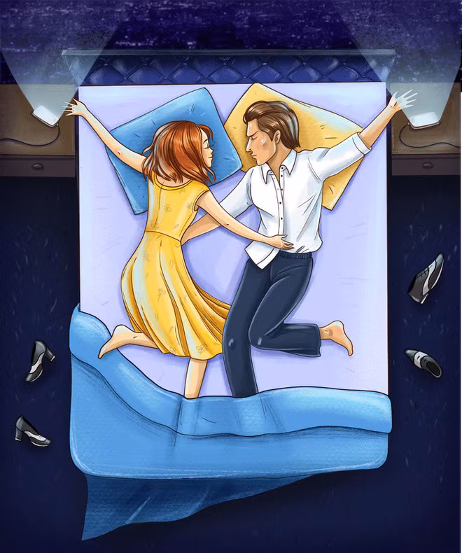 Hai người nằm ngủ giang tay chân ra như đang nhảy múa giống trong phim La La Land. Chắc hai vợ chồng yêu nghệ thuật và lãng mạn.