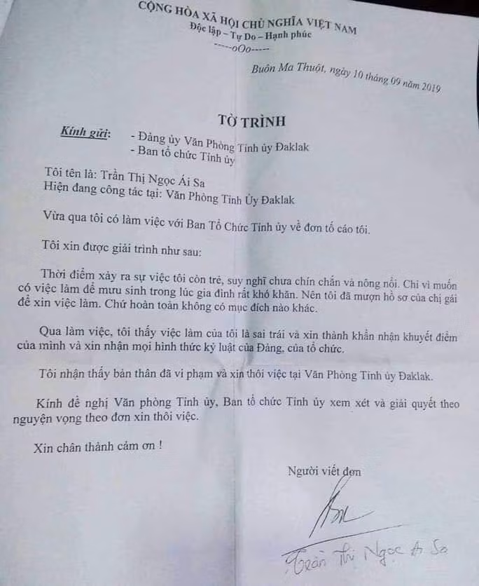 Tờ trình bà Thảo gửi lên Tỉnh ủy thừa nhận việc sử dụng bằng của chị gái.
