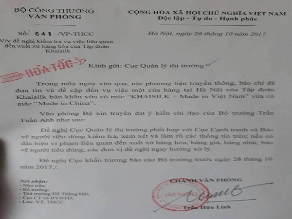 Văn bản của Bộ trưởng Bộ Công Thương về việc khăn vừa có mác “KHAISILK – Made in Việt Nam” vừa có mác “Made in China”. Ảnh: Vietq.