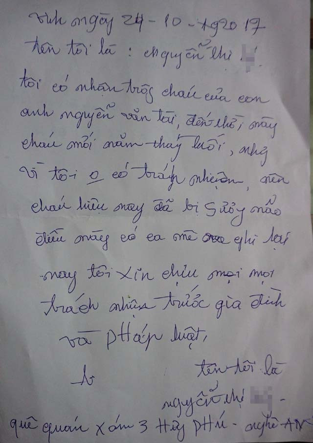 Tờ giấy “nhận lỗi” của bà L nhưng ghi sai họ và nơi cư trú