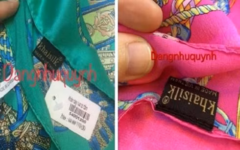 Khách hàng tố khăn lụa có 2 nhãn mác khác nhau là made in China và thương hiệu Khaisilk. Ảnh: internet.
