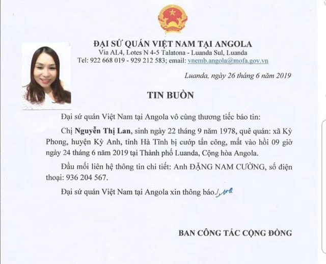 Nữ lao động Việt Nam bị cướp bắn chết tại Angola