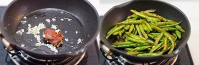 Thêm 15ml dầu ăn còn lại vào chảo, thêm gừng và tỏi vào xào thơm. Thêm cà ri đỏ vào xào trong khoảng 30 giây. Thêm đậu cove vào và đun ở lửa vừa. Đảo đậu khoảng 3-5 phút cho đến khi đậu được phủ đều cà ri. Thêm 120ml nước vào chảo và tiếp tục đảo cho tới khi đậu chín.