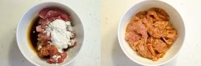 Cho thịt lợn đã thái lát vào một cái bát, thêm rượu, nước tương và bột bắp vào, trộn đều cho thịt ngấm gia vị rồi ướp thịt trong khoảng 15 phút.