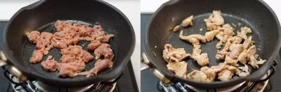 Thêm nước mắm, dầu hào, đường và 15ml nước vào một cái bát nhỏ rồi trộn đều, để sang một bên. Đậu cove rửa sạch, mỗi quả cắt thành 2-3 miếng. Tiếp đó cho 15ml dầu ăn vào chảo đun ở lửa vừa, khi dầu nóng thì thêm thịt lợn đã ướp vào chảo và dàn đều, đảo sơ qua cho thịt vàng đều các mặt rồi trút ra đĩa.