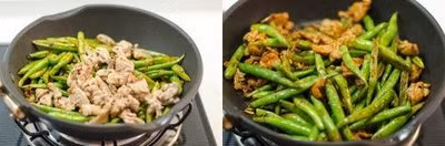 Thêm thịt lợn đã xào vào đậu cùng với hỗn hợp nước mắm vừa pha vào, đun bếp ở lửa vừa và đảo đều đậu thịt cho ngấm gia vị. Khi nước sốt trong chảo đã sánh lại thì tắt bếp.