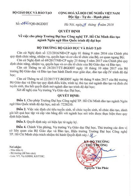 Quyết định của Bộ GD&ĐT cho phép HUTECH tuyển sinh và đào tạo ngành Ngôn ngữ Hàn Quốc 