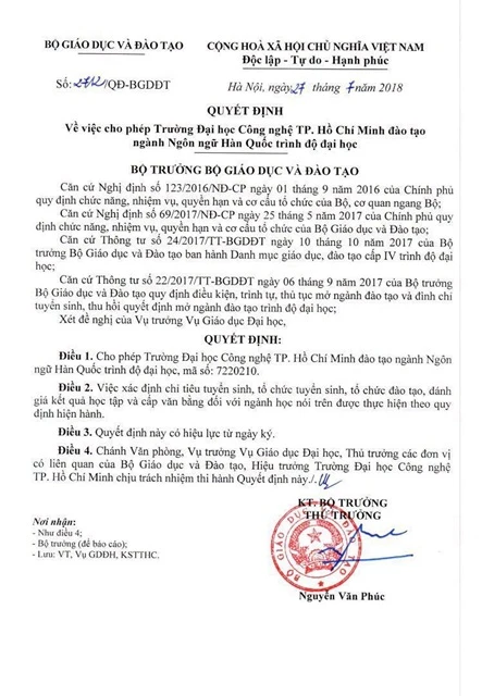 Quyết định của Bộ GD&ĐT cho phép HUTECH tuyển sinh và đào tạo ngành Ngôn ngữ Hàn Quốc 