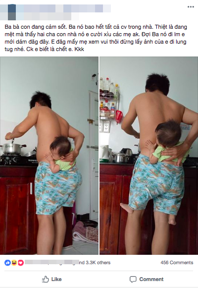 Ông bố trẻ địu con trong quần để rảnh tay nấu ăn trong lúc vợ bệnh khiến chị em cười ngất - Ảnh 1. Ông bố trẻ địu con trong quần để rảnh tay nấu ăn trong lúc vợ bệnh khiến chị em cười ngất - Ảnh 1.