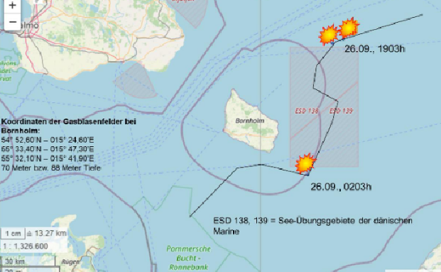 Các địa điểm tuyến ống Nord Stream 1 và 2 phát nổ hôm 26/9/2022 Các địa điểm tuyến ống Nord Stream 1 và 2 phát nổ hôm 26/9/2022