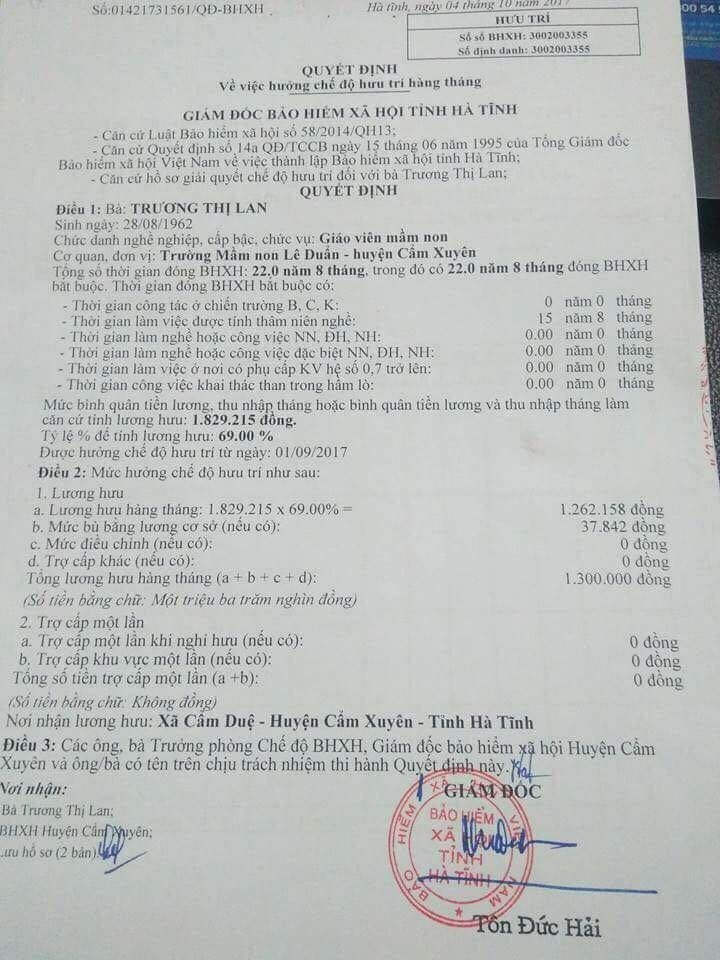Quyết định về hưu của cô Trương Thị Lan Quyết định về hưu của cô Trương Thị Lan
