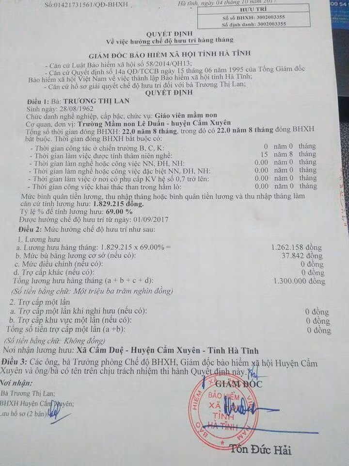 Quyết định về hưu của cô Trương Thị Lan