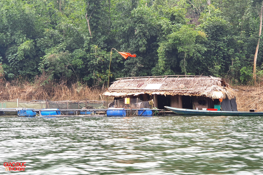 Người dân nuôi cá lồng trên lòng hồ thủy điện Hủa Na. Ảnh: Phạm Tâm.