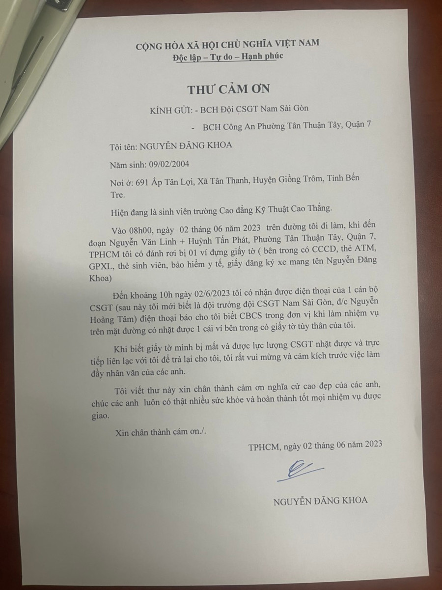 Anh Nguyễn Đăng Khoa gửi thư cảm ơn cán bộ, chiến sĩ Đội CSGT Nam Sài Gòn.