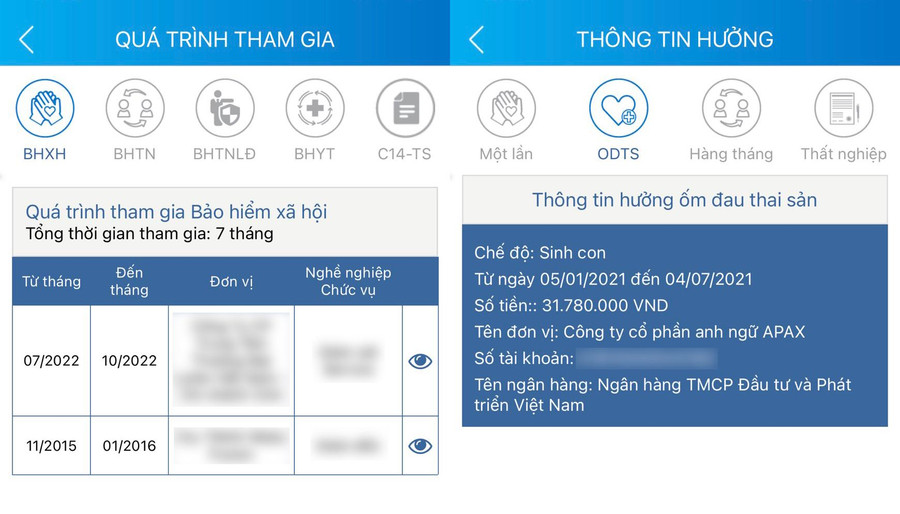 Thông tin hiển thị trên app BHXH của chị Sang.