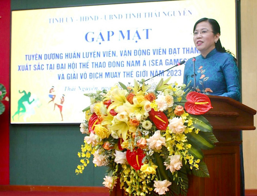 Bí thư Tỉnh ủy Thái Nguyên Nguyễn Thanh Hải phát biểu chúc mừng thành tích của đoàn thể thao Thái Nguyên. Bí thư Tỉnh ủy Thái Nguyên Nguyễn Thanh Hải phát biểu chúc mừng thành tích của đoàn thể thao Thái Nguyên.