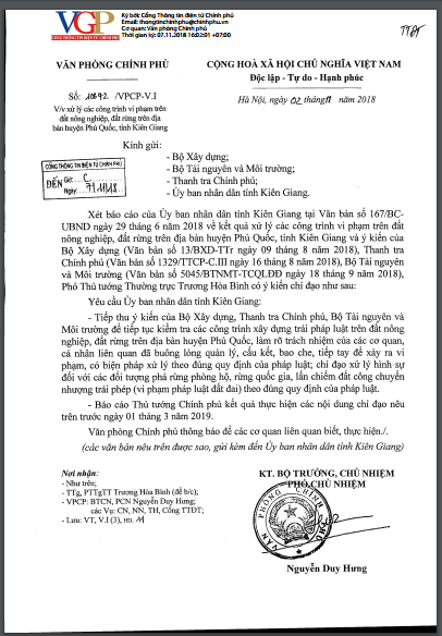 Văn bản của Văn phòng Chính phủ yêu cầu phải làm rõ trách nhiệm của các cơ quan, cá nhân liên quan đã buông lỏng quản lý, cấu kết, bao che, tiếp tay để xảy ra vi phạm về đất đai ở Phú Quốc. Văn bản của Văn phòng Chính phủ yêu cầu phải làm rõ trách nhiệm của các cơ quan, cá nhân liên quan đã buông lỏng quản lý, cấu kết, bao che, tiếp tay để xảy ra vi phạm về đất đai ở Phú Quốc.