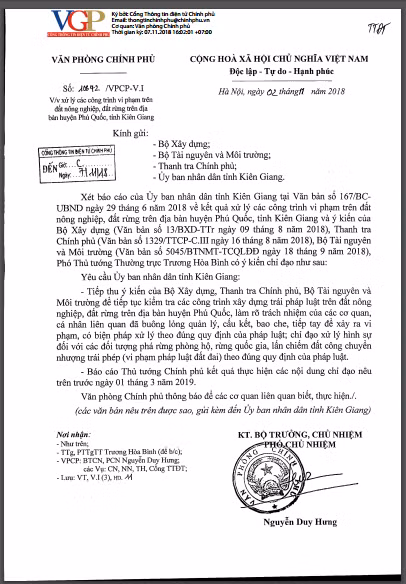 Văn bản của Văn phòng Chính phủ yêu cầu phải làm rõ trách nhiệm của các cơ quan, cá nhân liên quan đã buông lỏng quản lý, cấu kết, bao che, tiếp tay để xảy ra vi phạm về đất đai ở Phú Quốc.