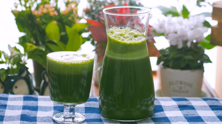 Nước ép mầm lúa mạch, táo xanh, cải cầu vồng.