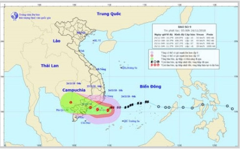 Chiều nay, tâm bão số 9 ngay trên vùng biển từ Ninh Thuận đến Bến Tre