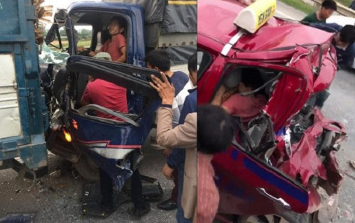 Tài xế xe tải (áo hồng) bị xe đâm liên tiếp hai lần trên cao tốc Hà Nội - Thái Nguyên bị đâm