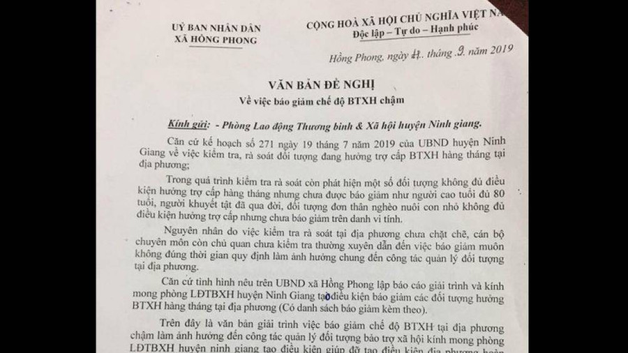 Văn bản giải trình của UBND xã Hồng Phong, huyện Ninh Giang