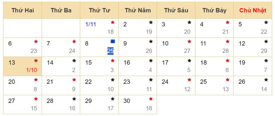 Xem lịch âm hôm nay ngày 13/11/2023.