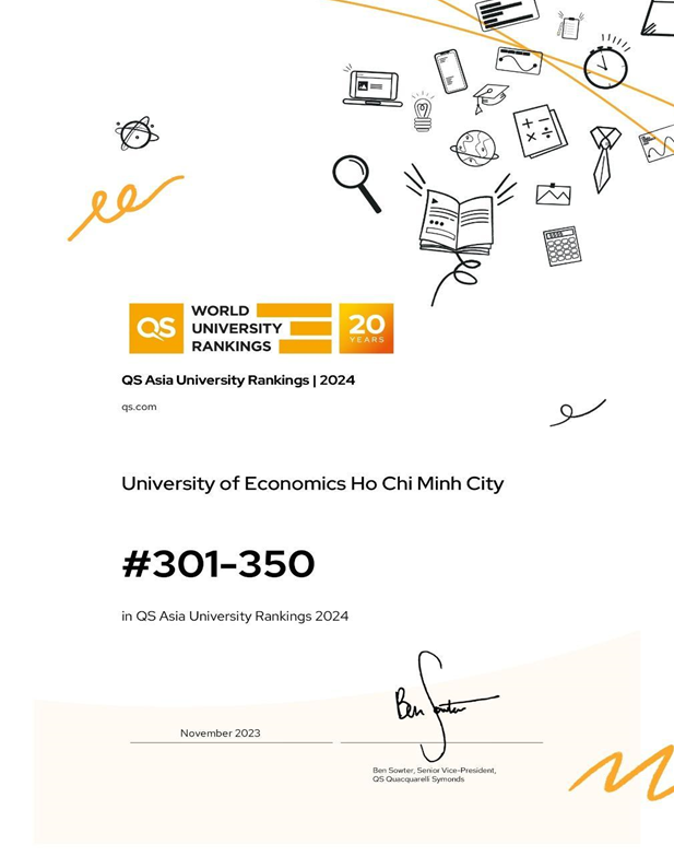 Chứng thư chúng mừng UEH lọt Top 301+ các Đại học tốt nhất Châu Á