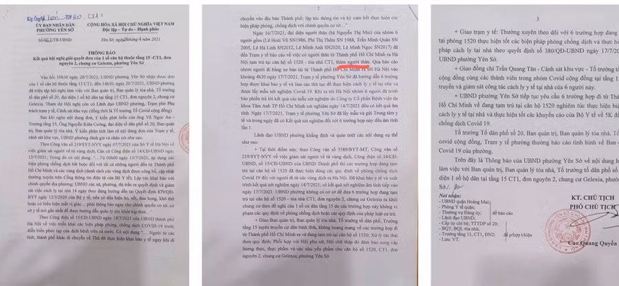 Trong thông báo số 462/TB-UBND do ông Cao Quang Quyến - Phó Chủ tịch UBND phường Yên Sở ký, đã khẳng không có cơ sở để xác định 6 người di chuyển từ TP.HCM sau lệnh giãn cách là vi phạm Chỉ thị 16 của Chính phủ.