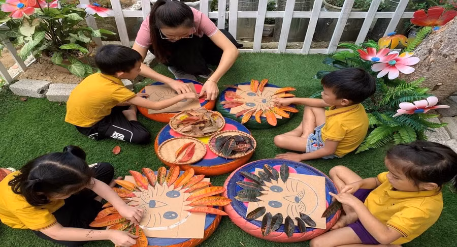 Trải nghiệm với bìa carton và những chiếc lá trong hoạt động ngoài trời.