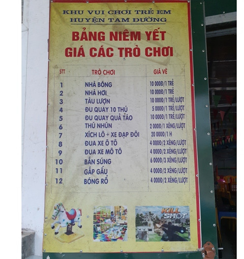 Bảng giá dịch vụ được niêm yết tại điểm vui chơi Bảng giá dịch vụ được niêm yết tại điểm vui chơi