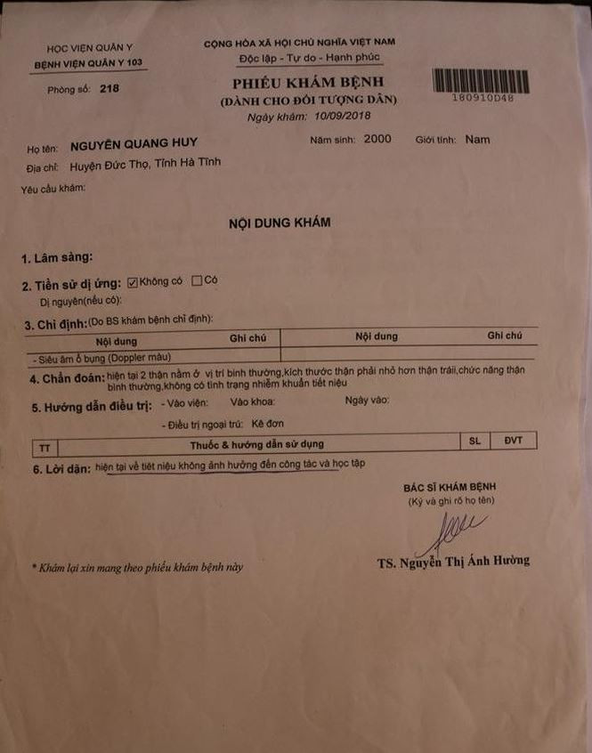 Phiếu khám sức khỏe của Bệnh viện Quân y 103 ngày 10/9 kết luận: Hiện tại tiết niệu (của Nguyễn Quang Huy) không ảnh hưởng đến sức khỏe, học tập Phiếu khám sức khỏe của Bệnh viện Quân y 103 ngày 10/9 kết luận: Hiện tại tiết niệu (của Nguyễn Quang Huy) không ảnh hưởng đến sức khỏe, học tập