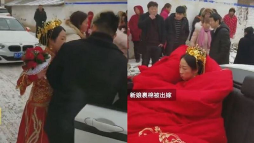 Cô dâu được quấn chăn bông lên xe mui trần ngày cưới ảnh 1 Cô dâu được chăn bông vẫn không thể cười vì trời lạnh, mà còn đón dâu bằng xe mui trần. Ảnh: Xuehua.
