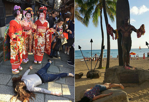 Bức ảnh bên trái được Leigh chụp tại cố đô Kyoto, Nhật Bản, bức bên phải chụp tại Hawaii, Mỹ. Ảnh: Instagram.