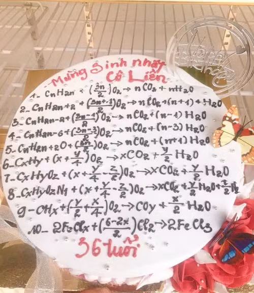 Chiếc bánh sinh nhật được trang trí 10 phương trình hóa học...