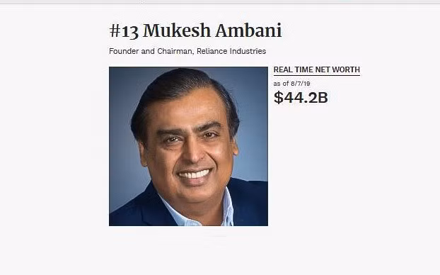 Theo số liệu cập nhật từ Forbes, Mukesh Ambani hiện đang giữ khối tài sản 44,2 tỉ USD, đứng thứ 13 trong top những người giàu có nhất thế giới.